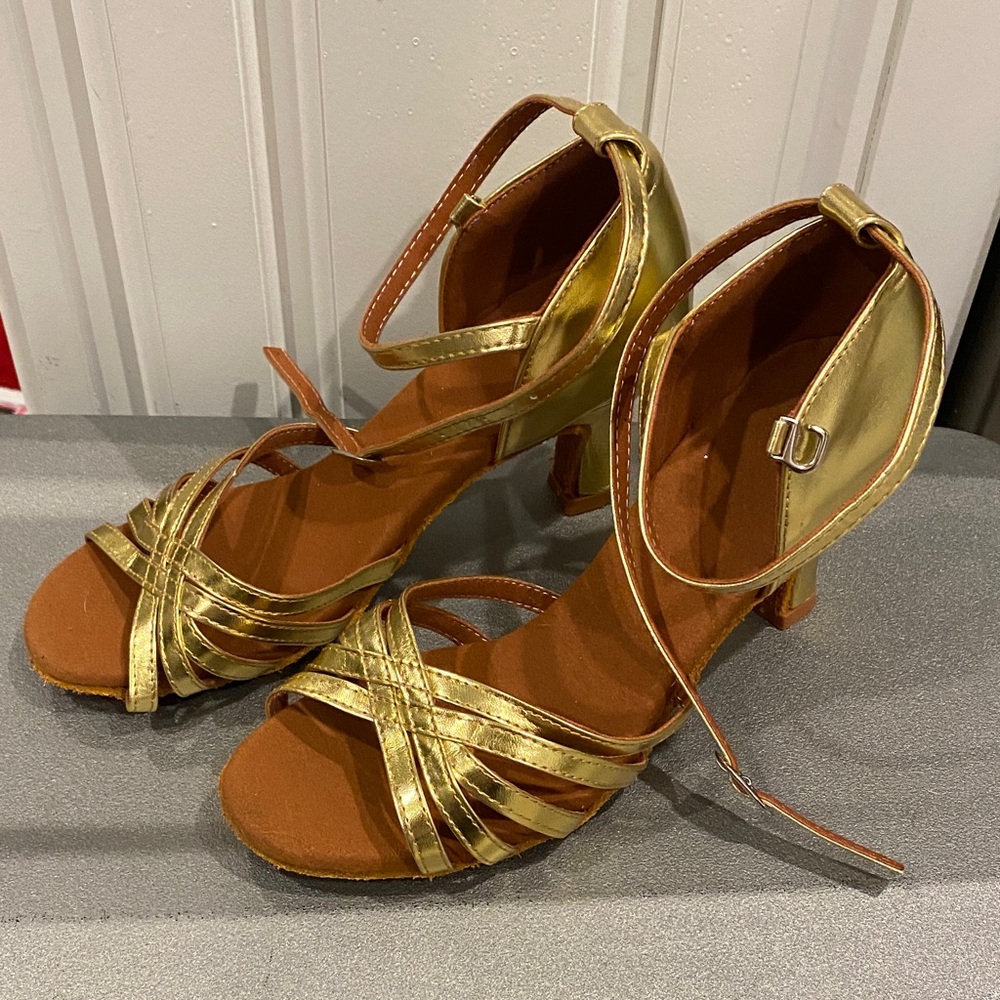 Gold Strappy Womens Heeled Sandals - Classic Ankle Strap